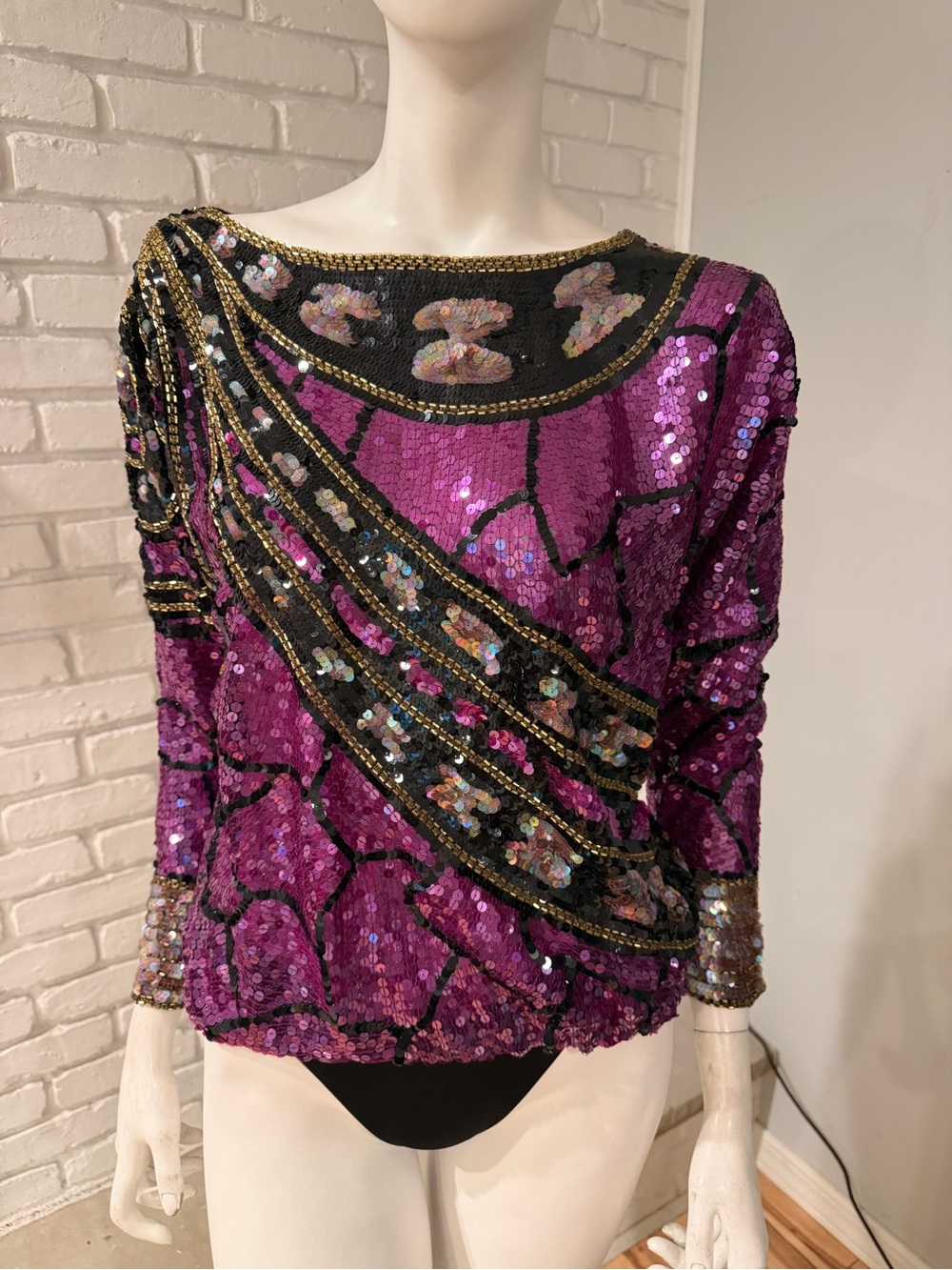 Jack Bryan Vintage Hand-Beaded Sequin Art Deco Top Purple Black Gold Size 6 - Picture 6 of 16